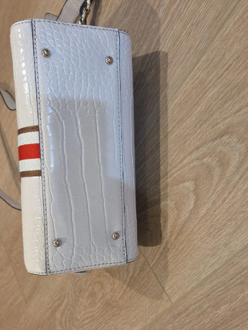 GUESS Cream Croc-Embossed Satchel with Red & Brown Center Stripe